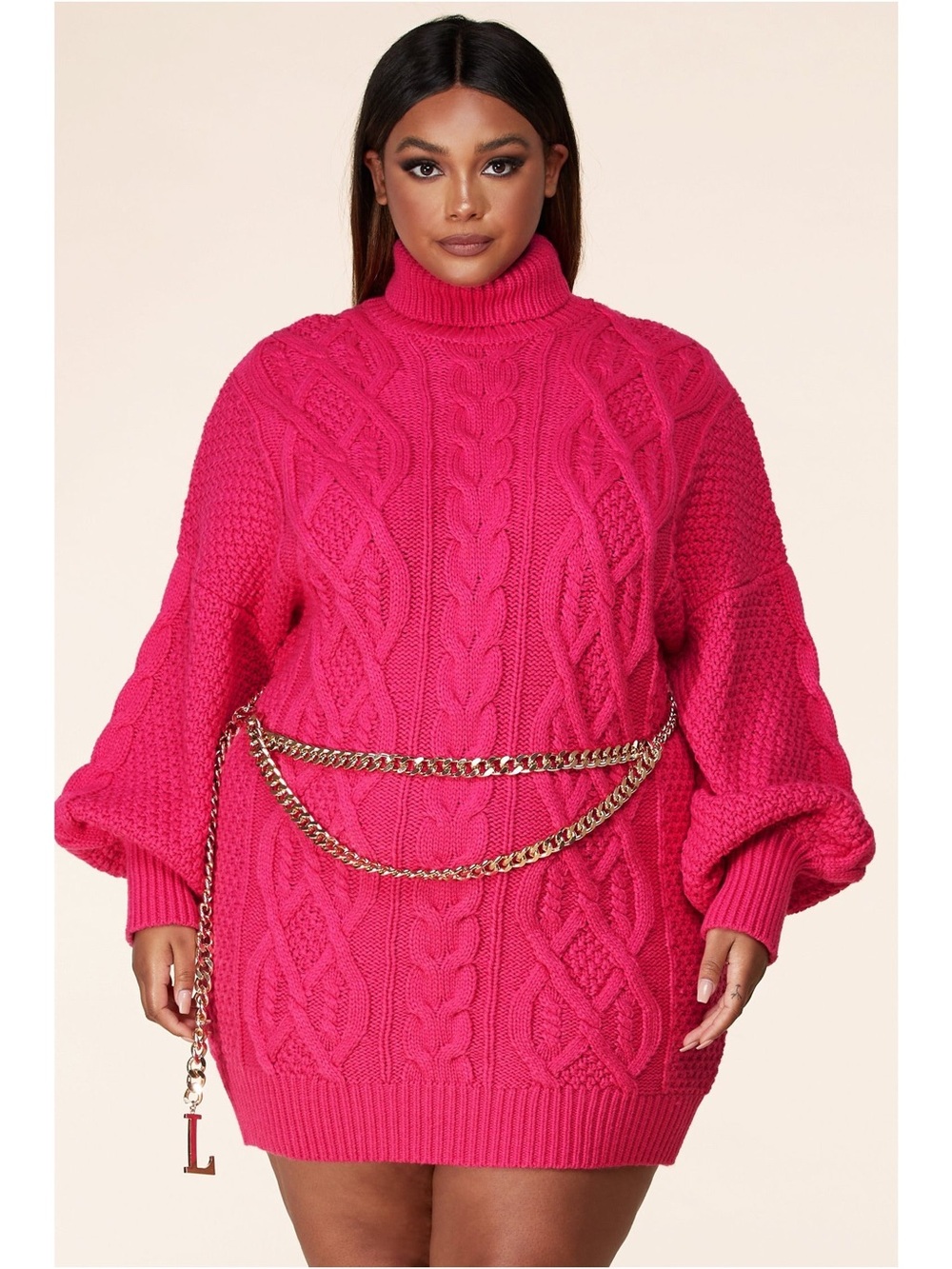 L'ATISTE Hot Pink Cable Knit Turtleneck Sweater Dress